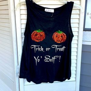 NWT- Trick or Treat Yo’ Self funny Sequin High/Low Tank Top Size: Small